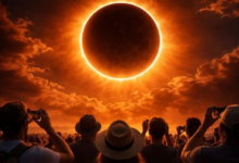 رسم توضيحي يوضح مراحل كسوف شمسي نادر يقترب من المغرب مع غروب الشمس
